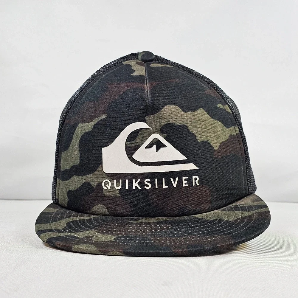 Quiksilver Mens Camo Trucker Hat Mesh Snapback Cap Black Green 55cm